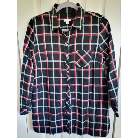 J. Jill PM Shirt Womens Button Up Plaid Red Black Cotton LS Checkered Petite Med - Picture 1 of 7